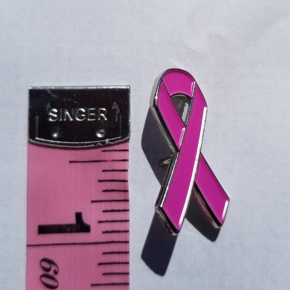 Breast Cancer Awareness Support Pin Pink Enamel Silver Tone Edging 1 Inch High - Picture 5 of 8